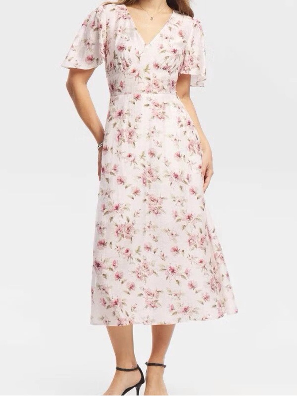 Floral V-Neck Pink Midi Dress with Flutter Sleeves
